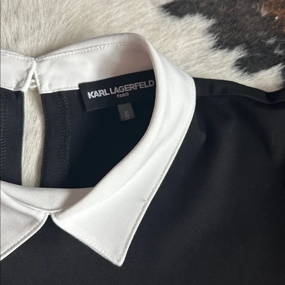 NWT Karl Lagerfeld Black Top with White Collar and Pearl Button Accents - Picture 2 of 10